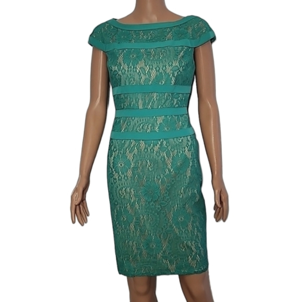 Adrianna Papell Cap Sleeve Lace-Like Overlay Sheath Dress Green & beige Size 4 S - Picture 2 of 11